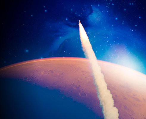 space rocket flying above a planet