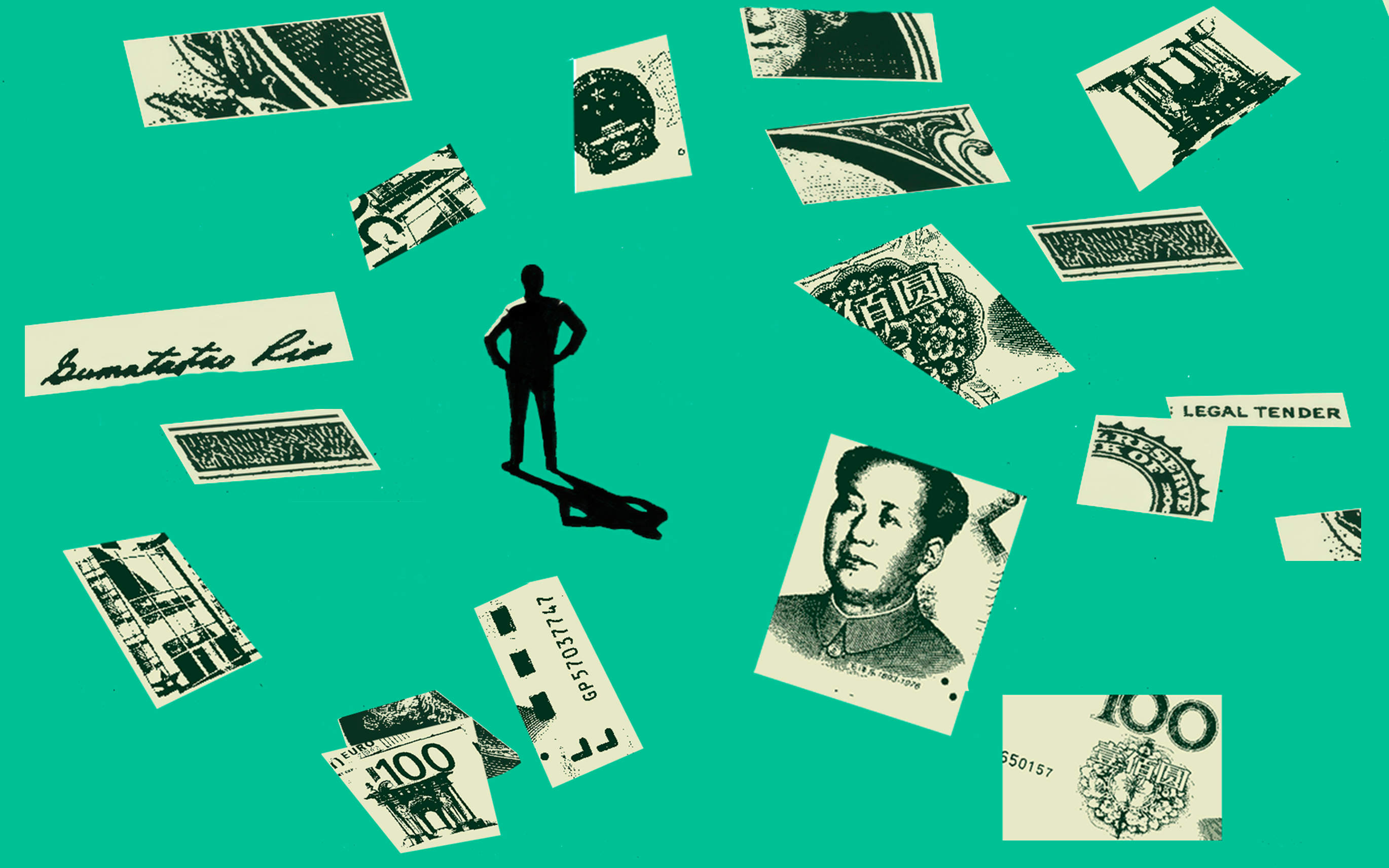 Hero image of a man standing before various cropped currency banknotes