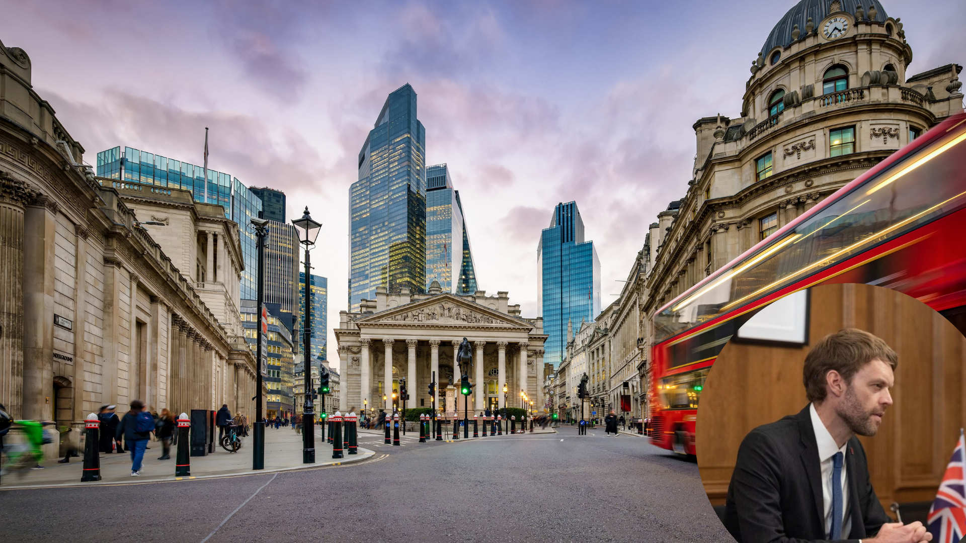 City square with old fashioned building and modern skyscralers on the background