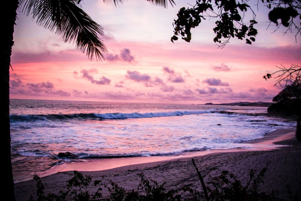 pink and purple sunset on the ocean of a small empty beach