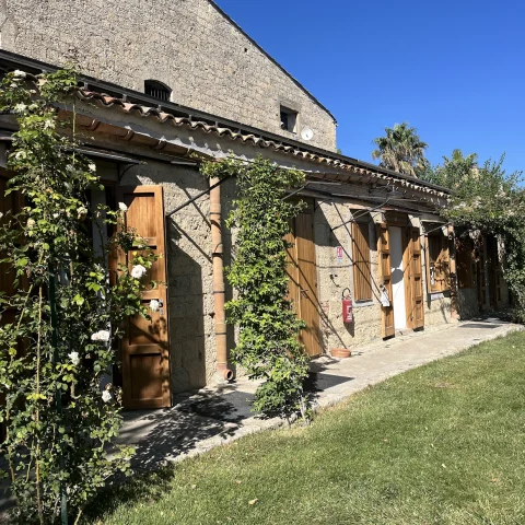 A grassy lawn in front of a stone building with a terrace that has wooden doors and lots of vines. 