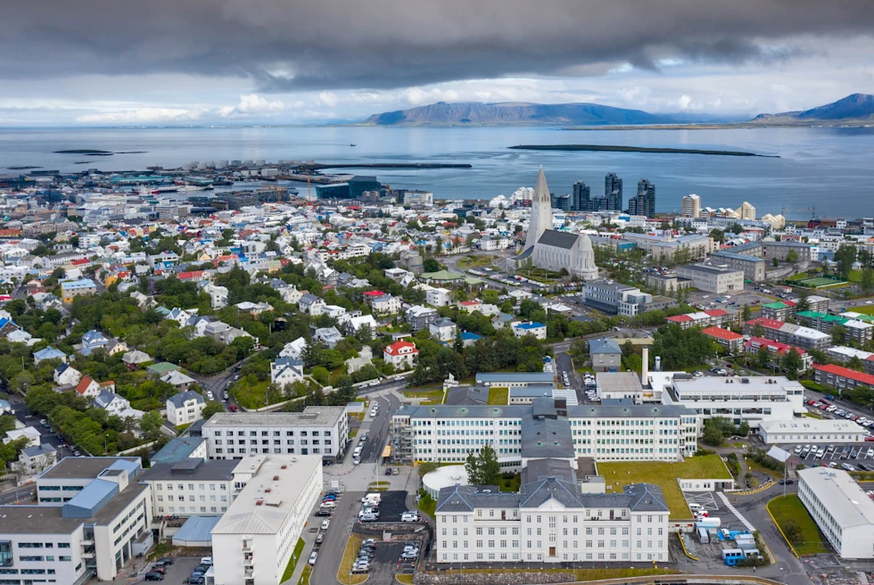 Aerial view of Reykjavik during the day.