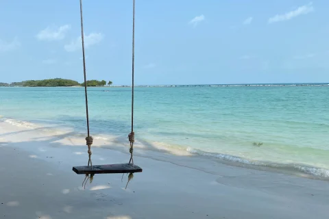 A swing on an island with blue water. 