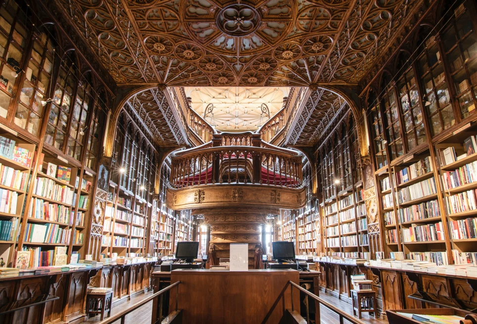 Art-deco style library with old books in Porto. 