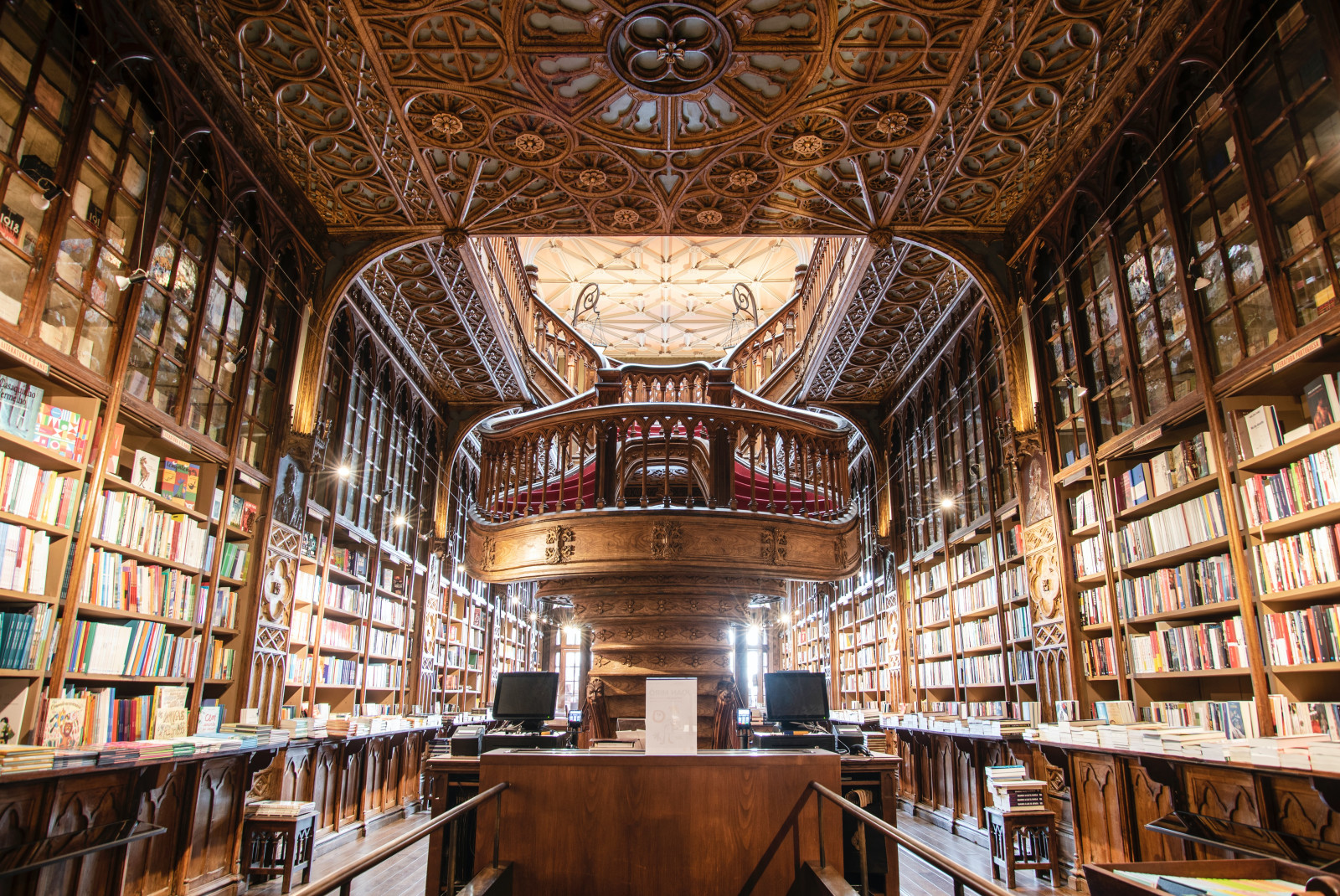 Art-deco style library with old books in Porto. 