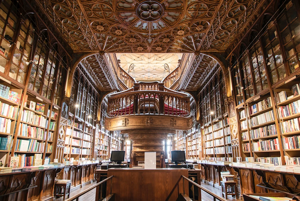 Art-deco style library with old books in Porto.