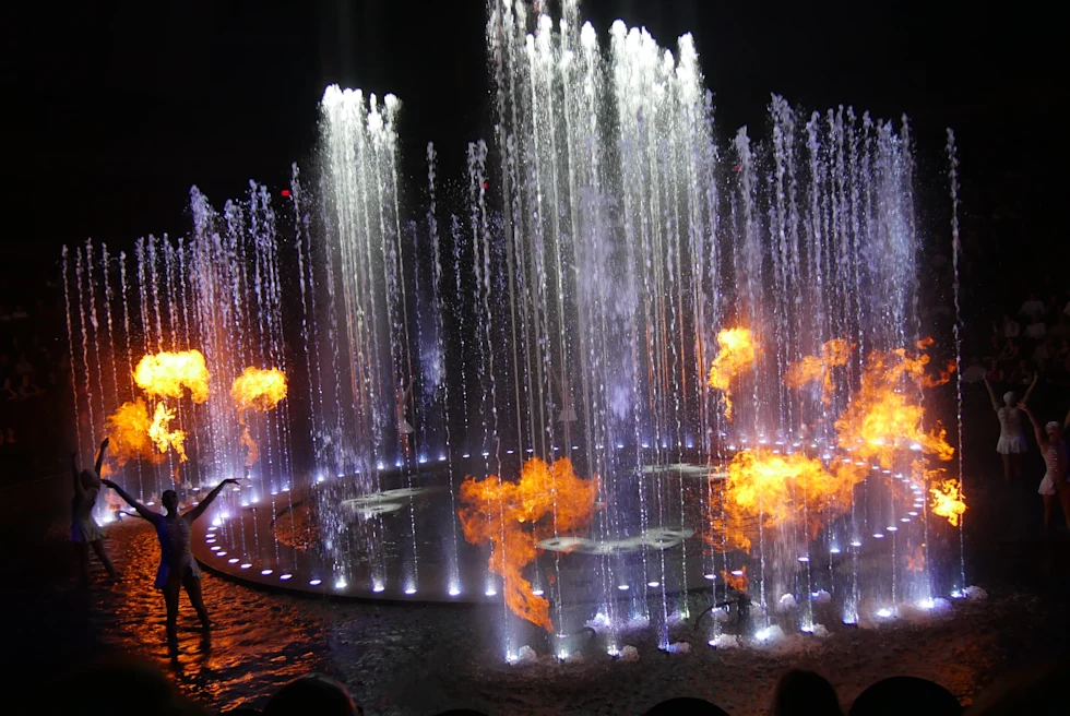 stage with fire and smoke in a dark room
