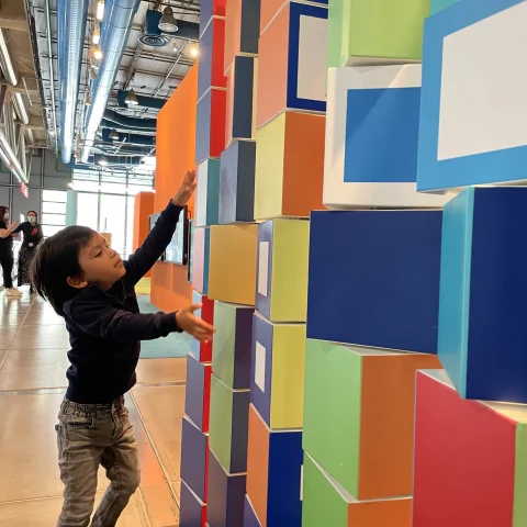 A kid looking at big colorful blocks.