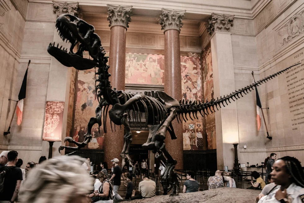 dinosaur skeleton in a grand marble museum with people bustling around