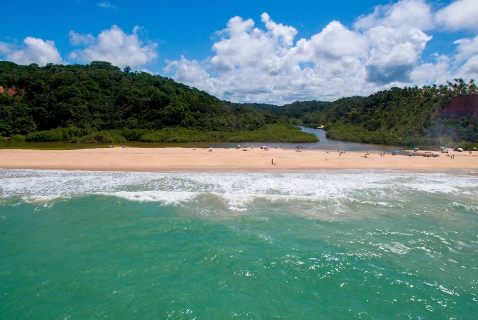 ocean next to beach and green hills during daytime