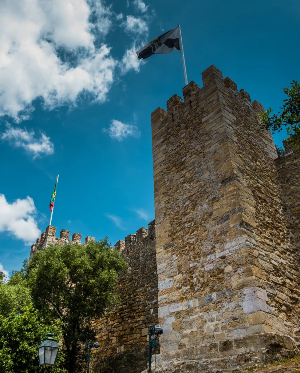 A low angle view of the outside of a castle during the daytime.