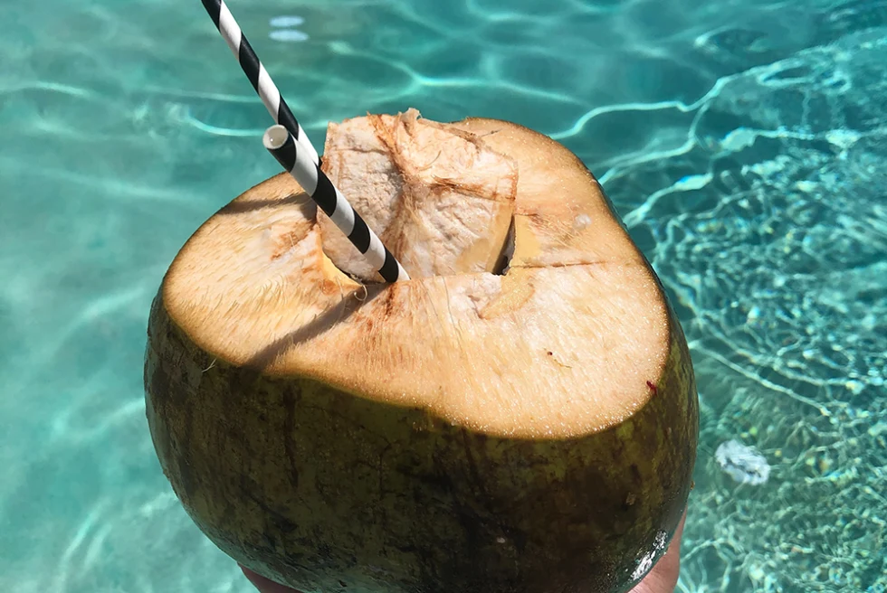 Man holding a coconut with a paper straw inside of it.