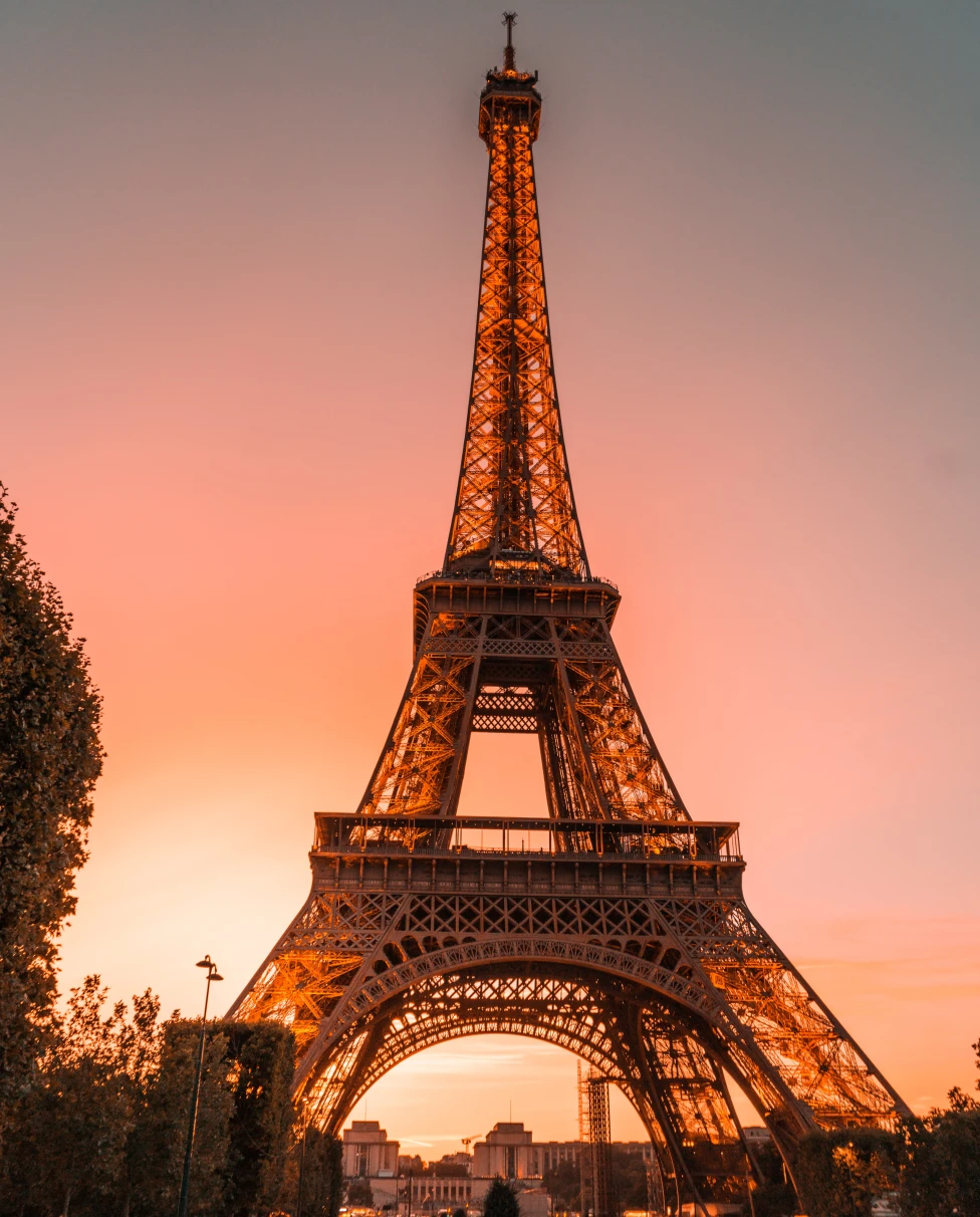A photo of the Eiffel Tower in Paris at sunset. 