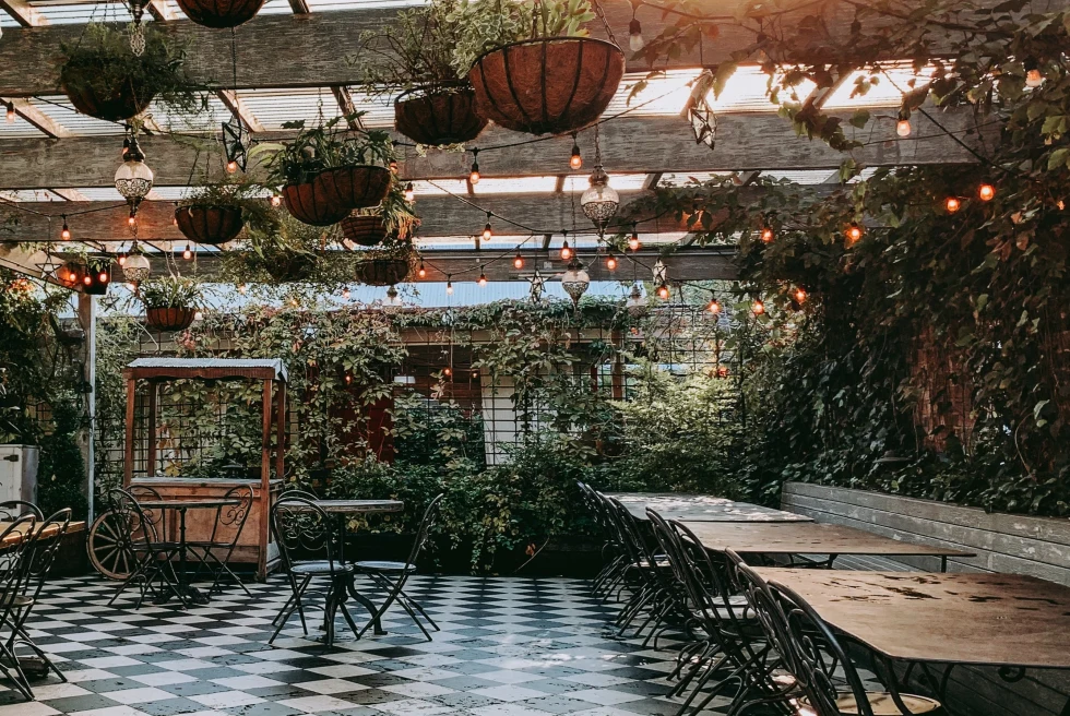 An outdoor setting of a restaurant with plants. 
