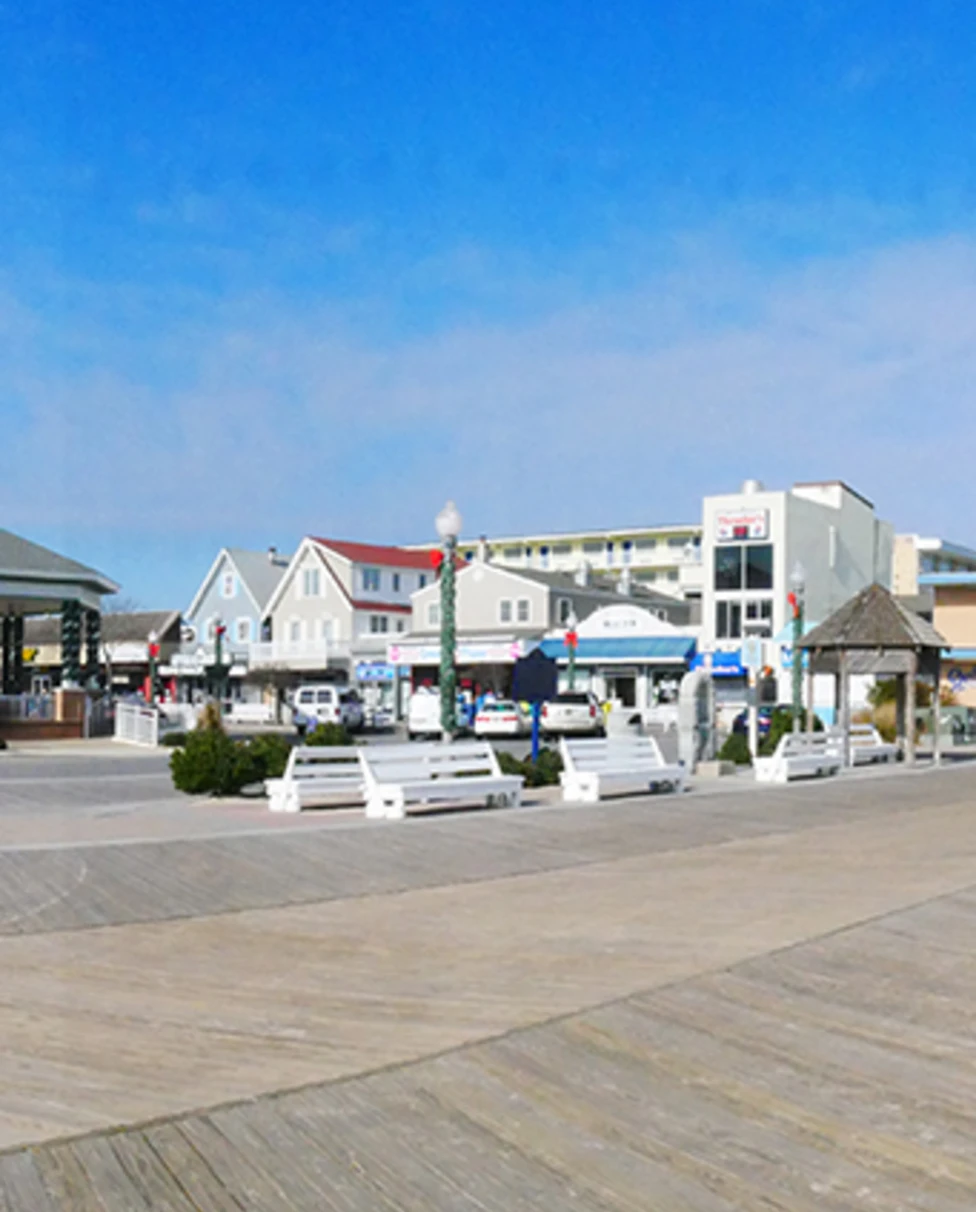 Restaurants along the boardwalk at Rehoboth beach.