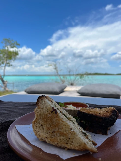 Sandwich on a plate in front of a blue sea.