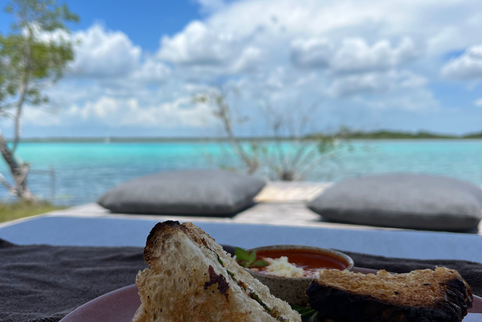 Sandwich on a plate in front of a blue sea.