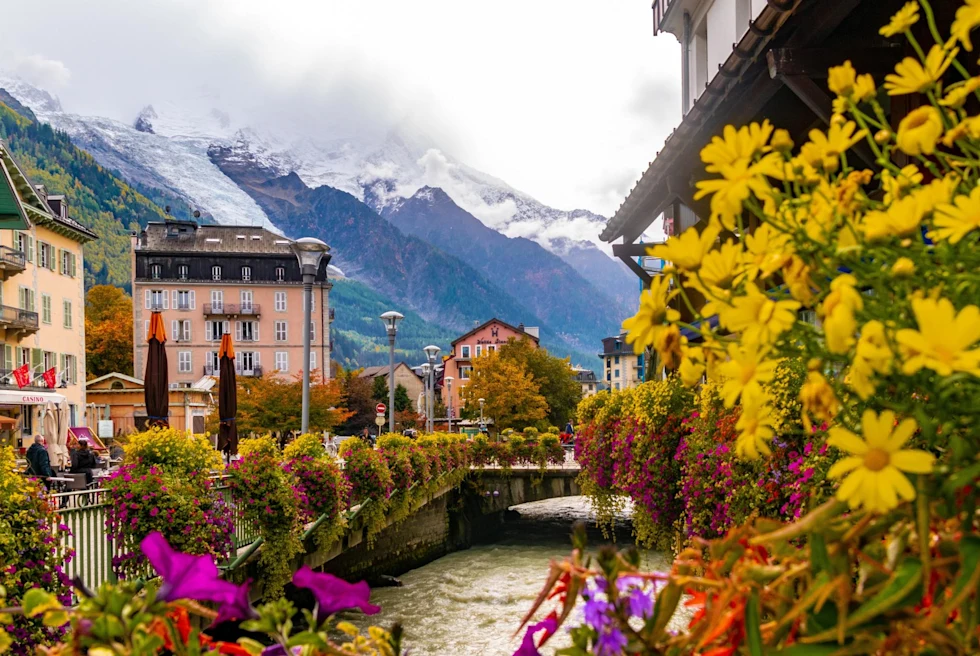a town in the snowy mountains with flowers and houses