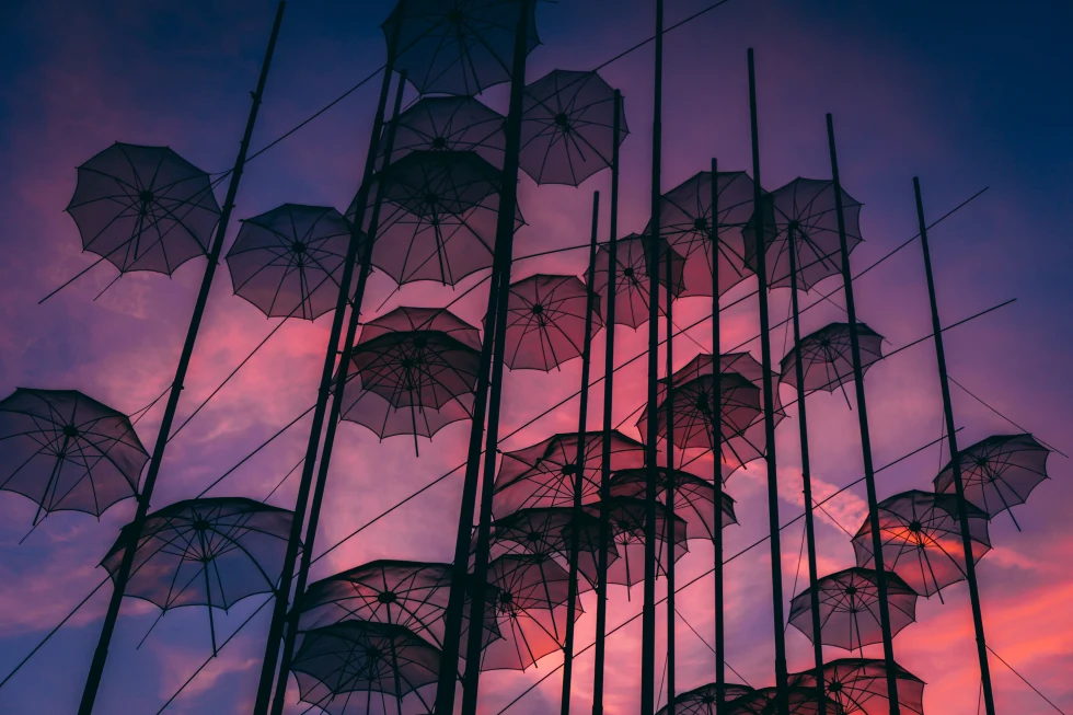 umbrellas against a pink sunset sky