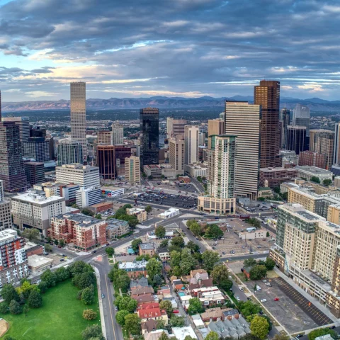 Aerial view of Denver's skyline.