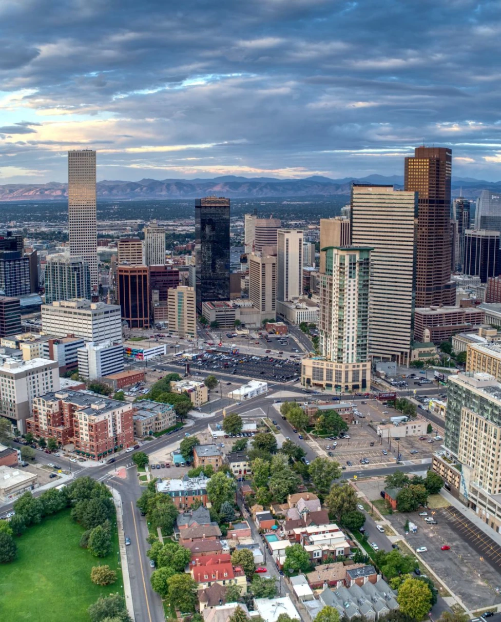 Aerial view of Denver's skyline.