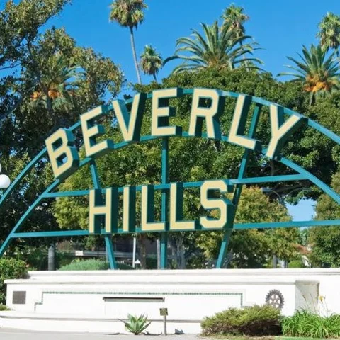Beverly Hills signage at Beverly Gardens Park with palm trees and a clear sky in the distance.