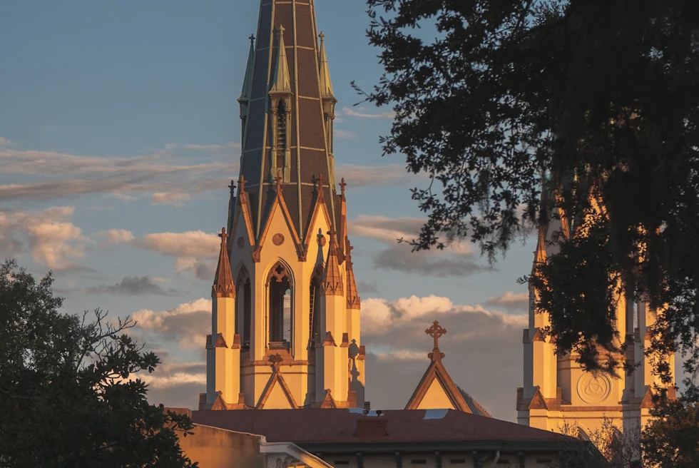 Church at sunset in Savannah, Georgia.