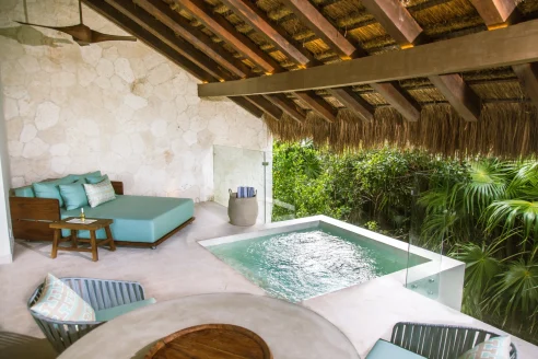 Secluded villa terrace with a private plunge pool, at Chablé Maroma on the Riviera Maya