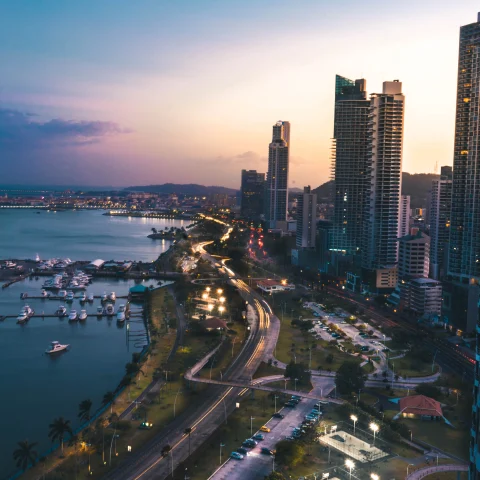 Panama City panorama at sunset. 