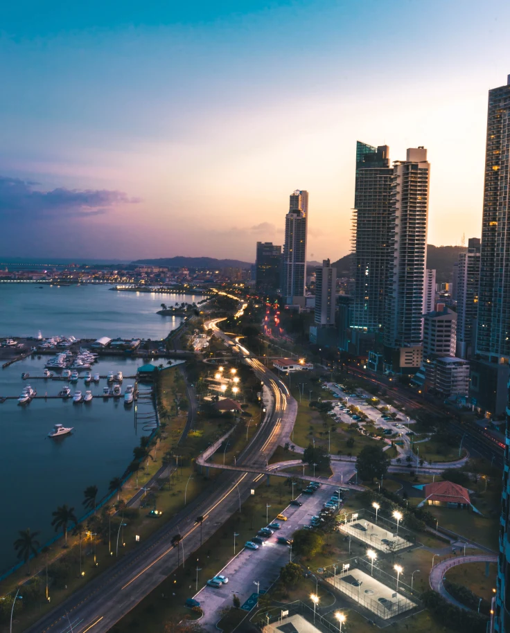 Panama City panorama at sunset. 