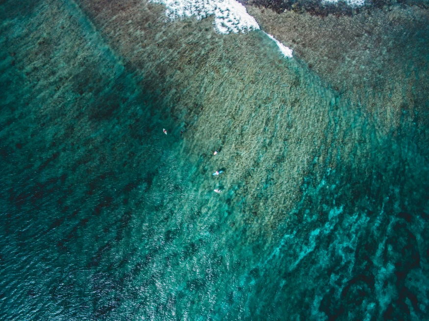 Ariel view of the Maldives luxury surfing with blue and tan water and white crashing waves.