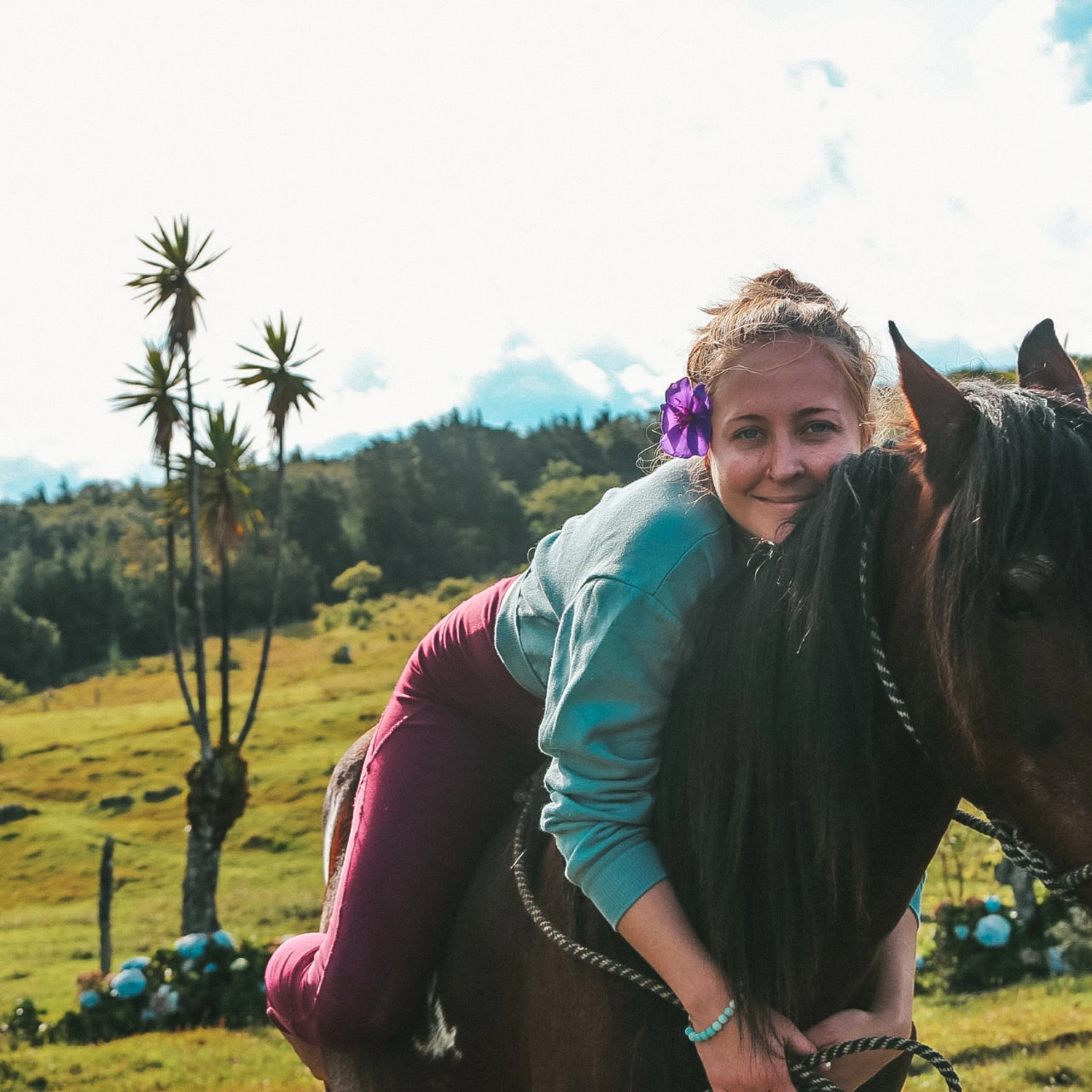 Travel advisor riding on a horse in lush green field