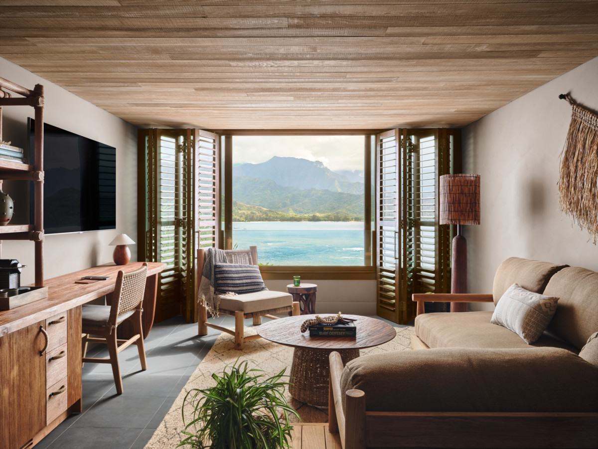 stylish living room overlooking the ocean