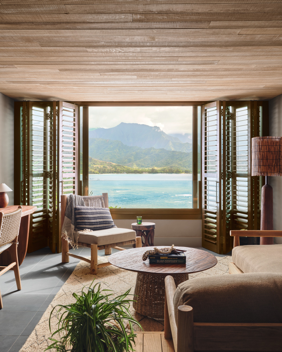stylish living room overlooking the ocean