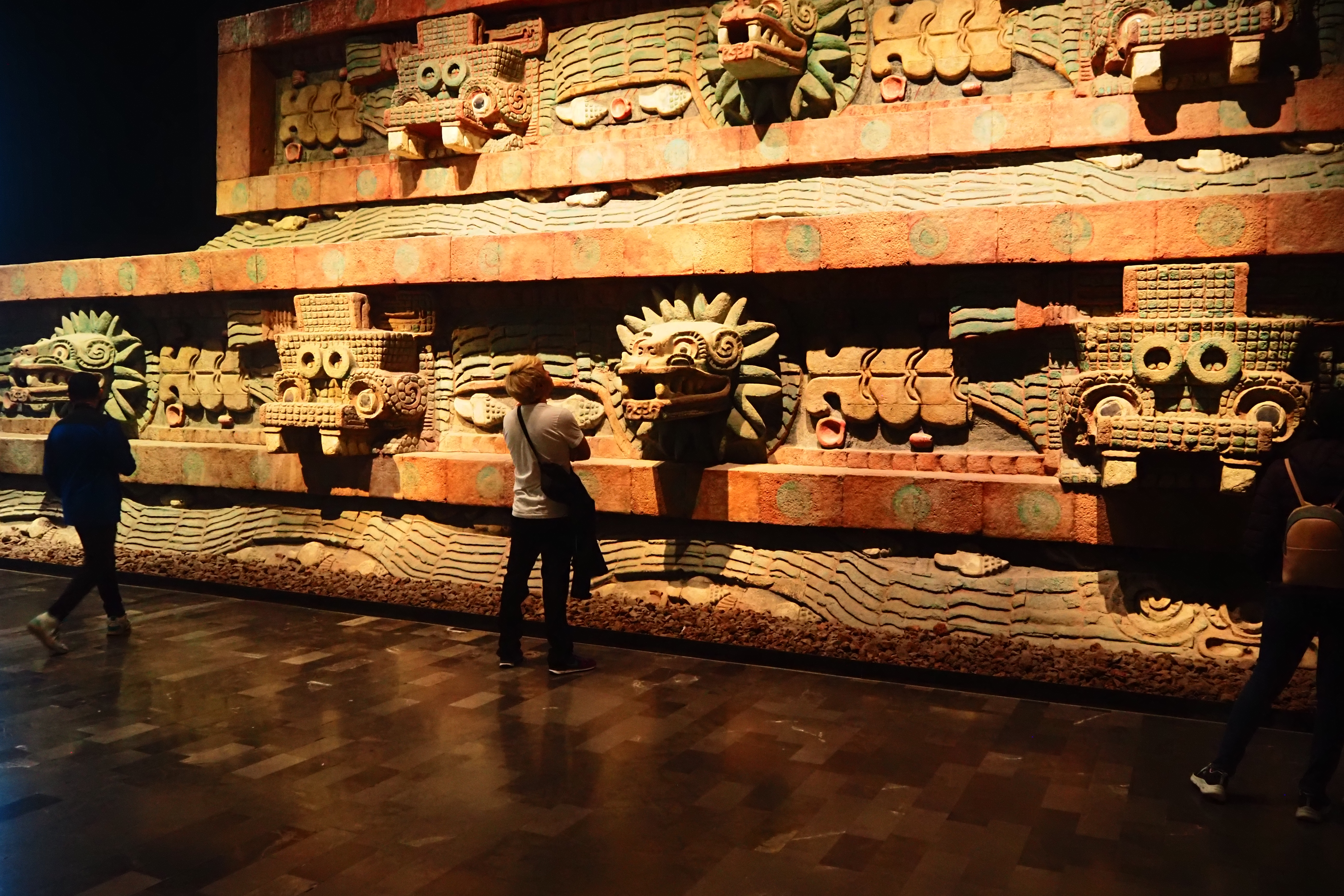 person looking at artwork in a dark room