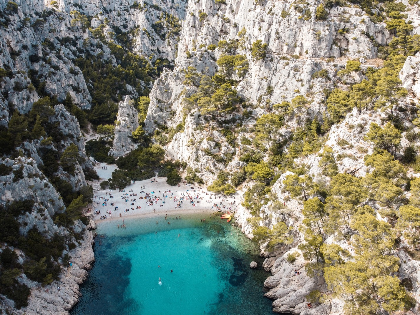 Calanque cove with blue water and white sand beaches in the South of France. 