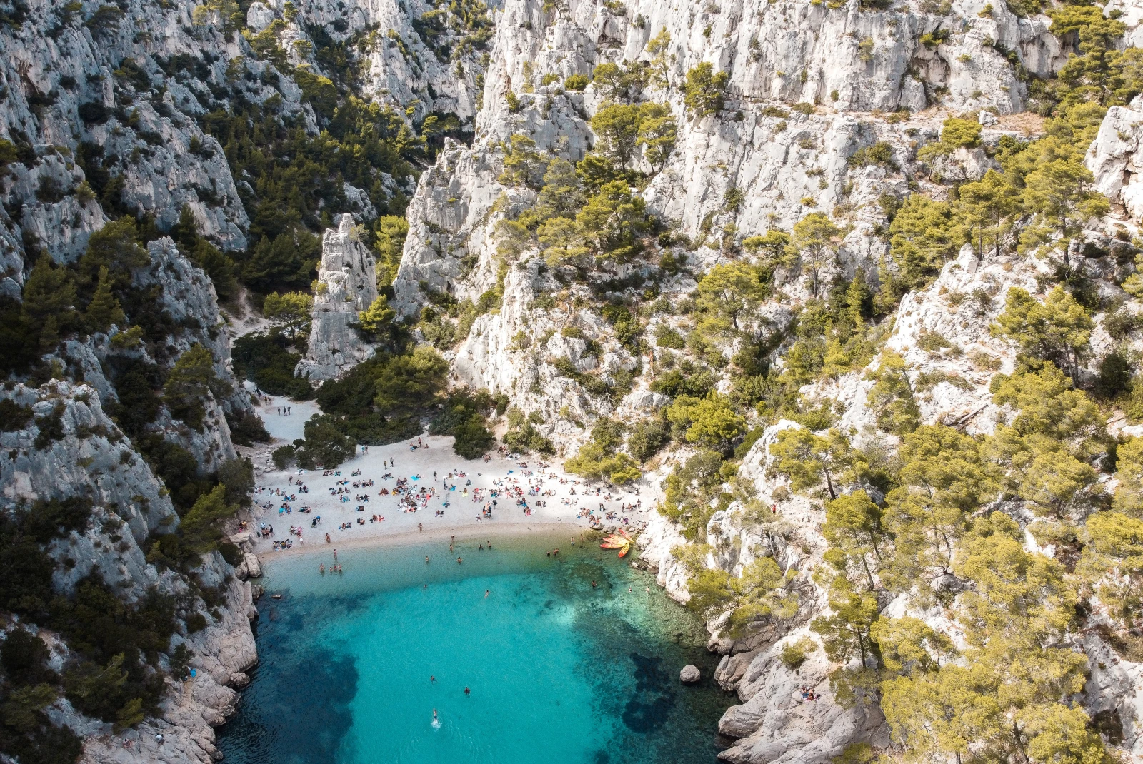Calanque cove with blue water and white sand beaches in the South of France. 