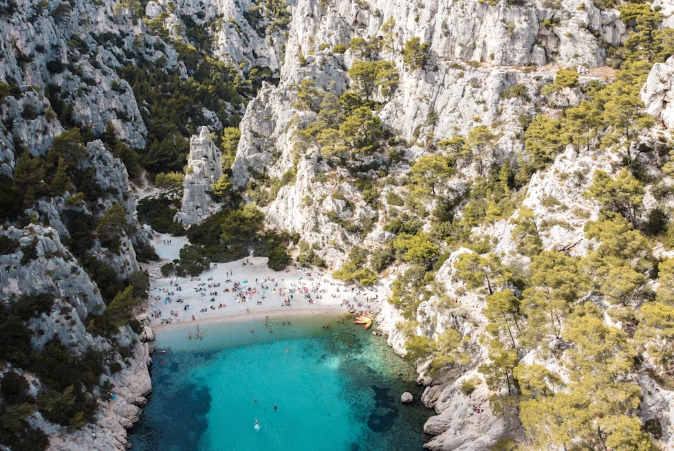 Calanque cove with blue water and white sand beaches in the South of France.