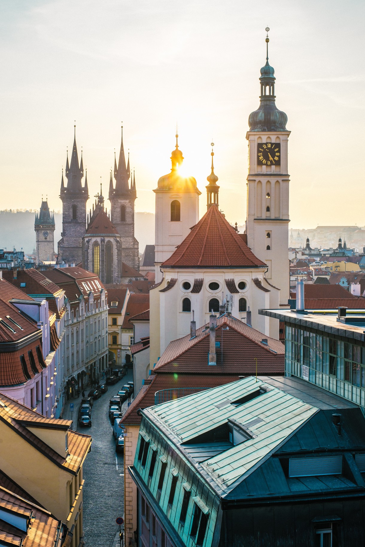 View of buildings and street during sunset in Prague