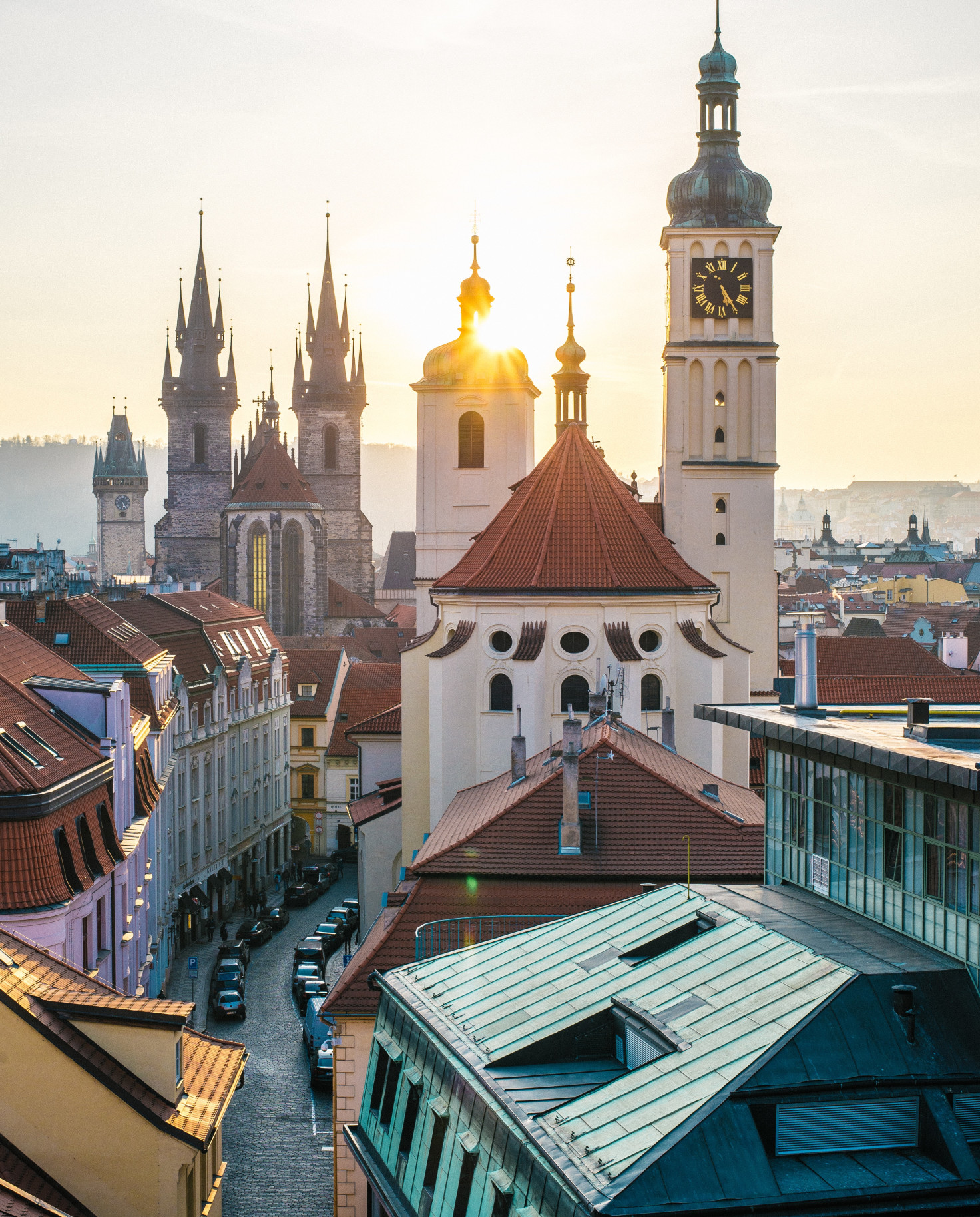 View of buildings and street during sunset in Prague