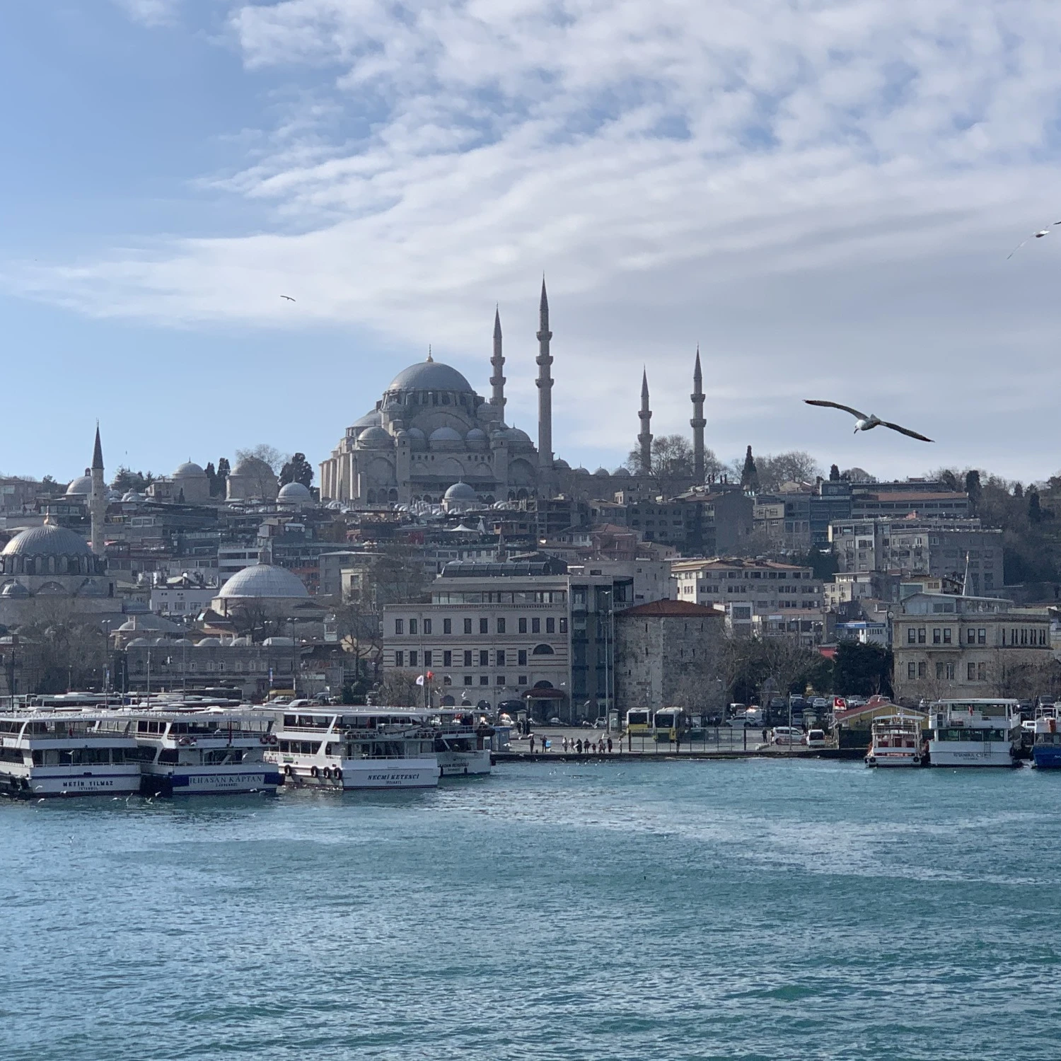 A domed building with minarets overlooks a busy harbor.