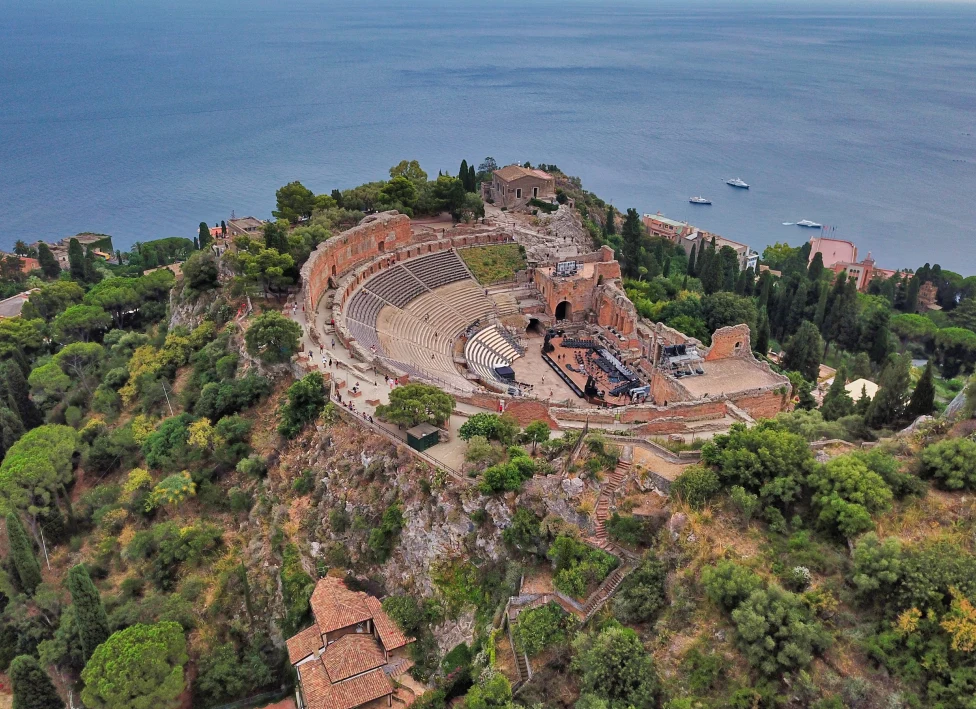 An aerial view of Teatro Antico di Taormina