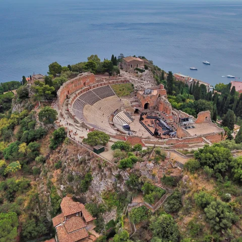 An aerial view of Teatro Antico di Taormina