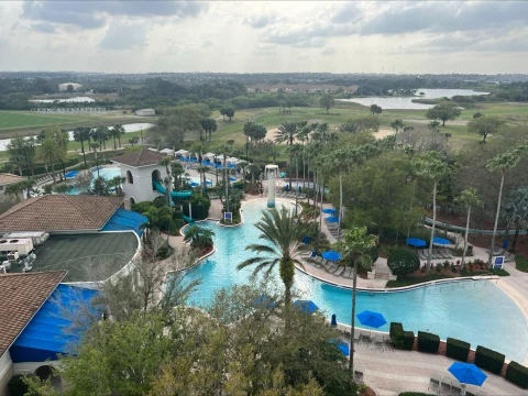 Aerial view of a resort pool area