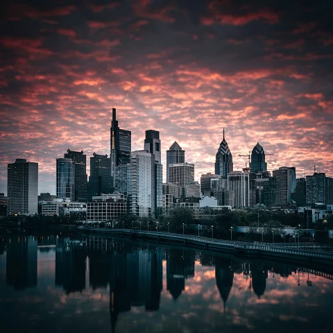 An aerial view of Philadelphia skyline during the sunset.