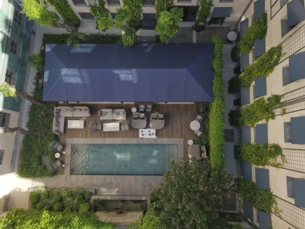 aerial view of a courtyard pool