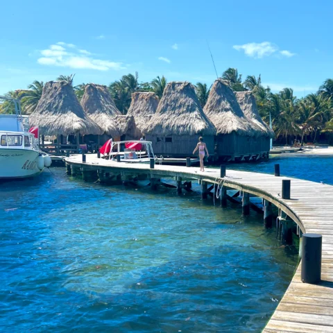 A dock in the ocean leading to suites on the water with a boat in the distance. 