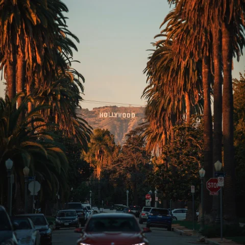 a red car drives down a road lined with palm trees at sunset with the Hollywood sign in the distance