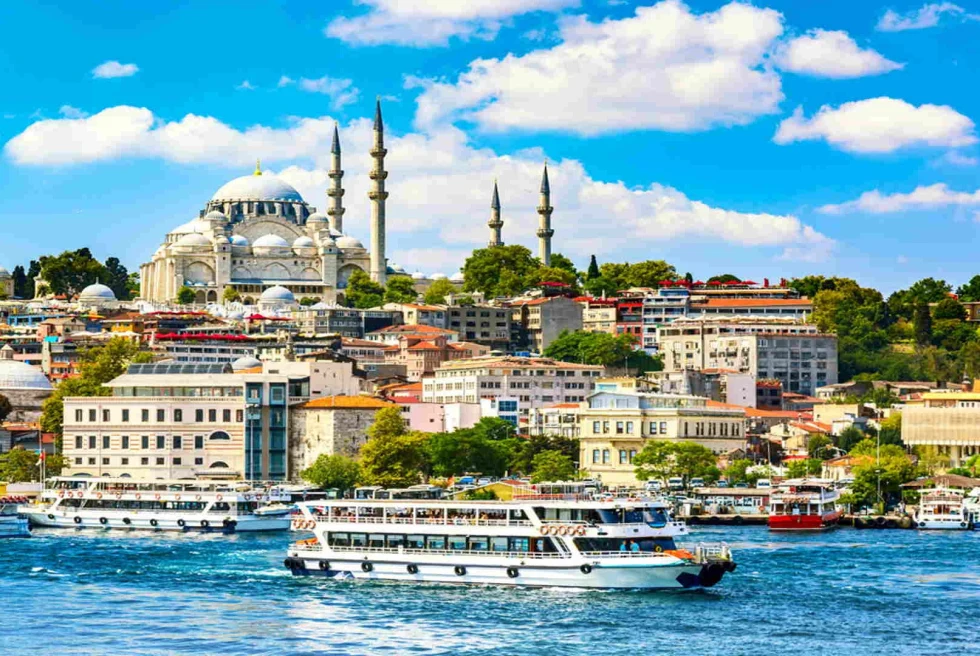 Istanbul skyline with river at front and mosque at the back.
