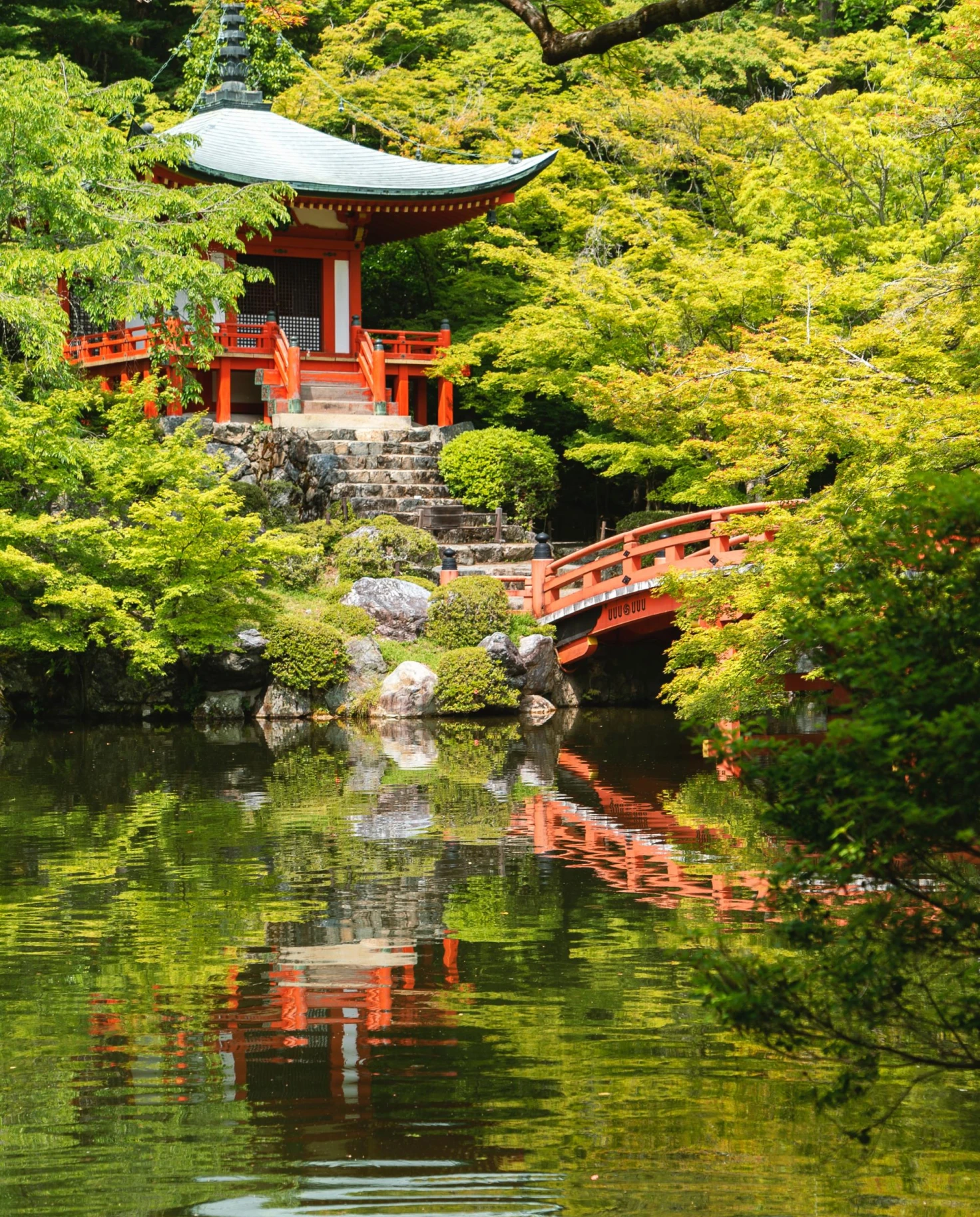bright green trees and a pristine pond beneath a traditional japanese red pegoda and bridge 
